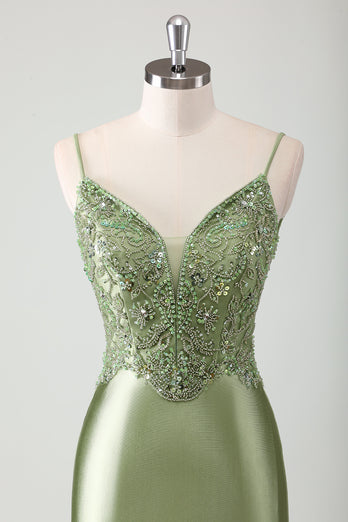 Glitter Sage Mermaid Spaghetti Straps Prom Dress with Appliques