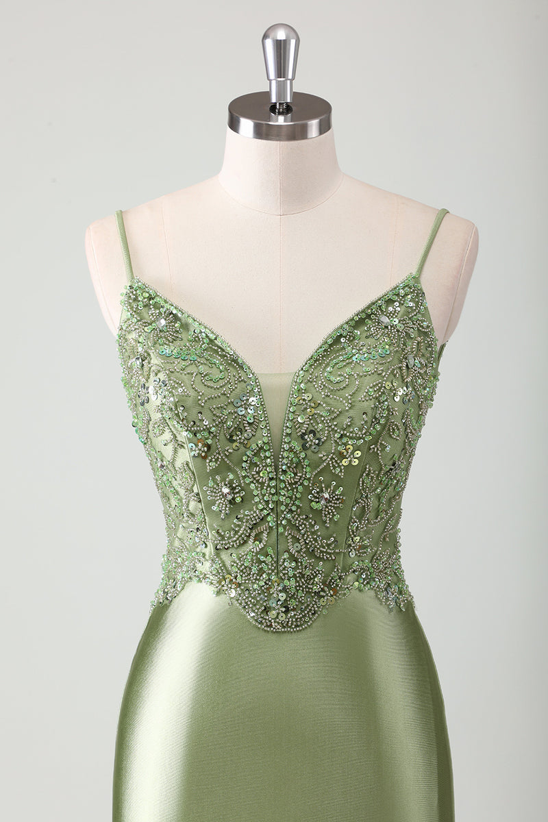 Load image into Gallery viewer, Glitter Sage Mermaid Spaghetti Straps Prom Dress with Appliques