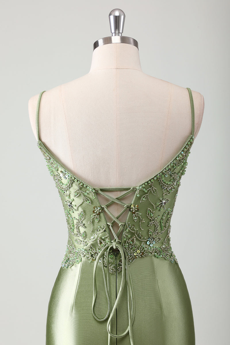 Load image into Gallery viewer, Glitter Sage Mermaid Spaghetti Straps Prom Dress with Appliques