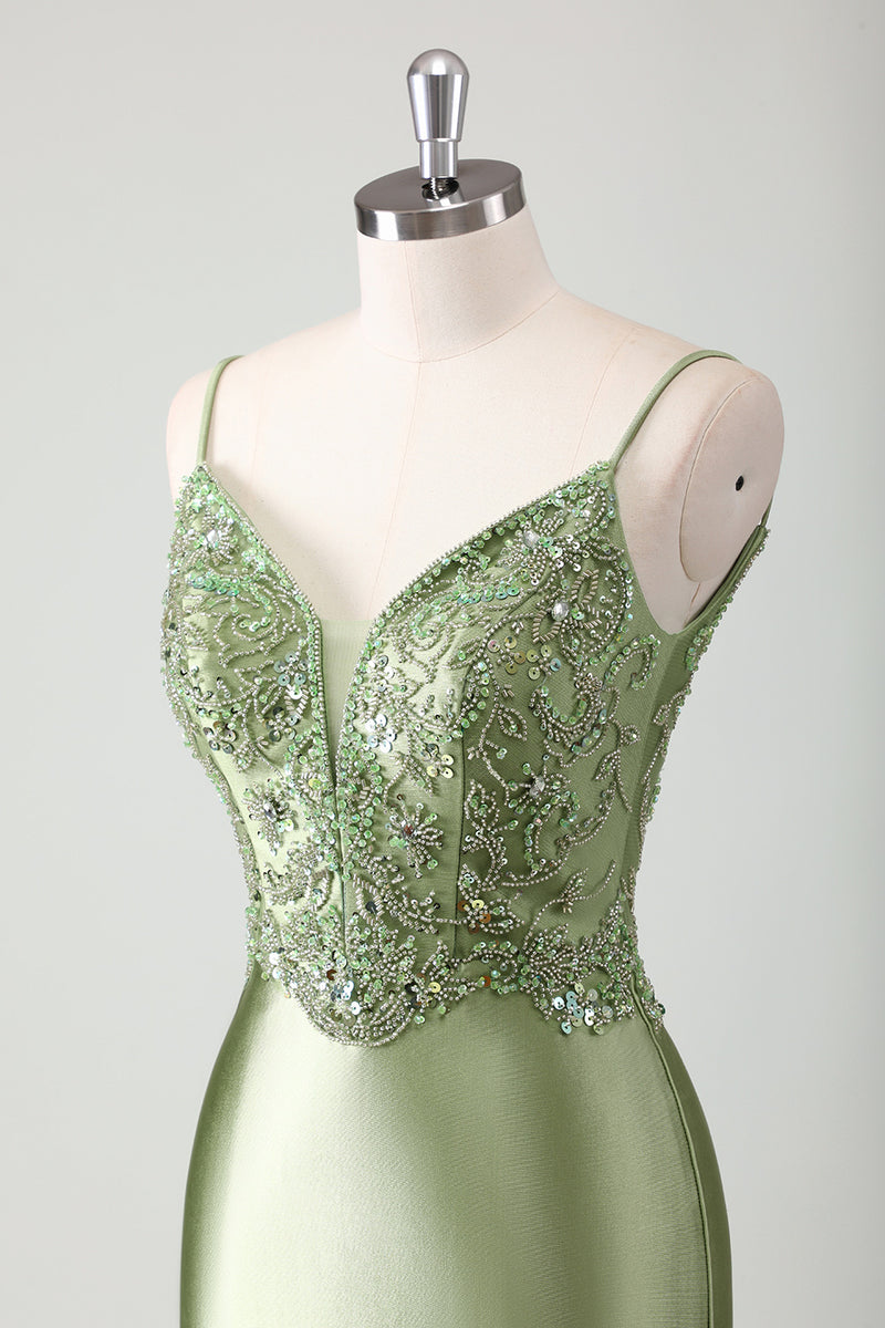 Load image into Gallery viewer, Glitter Sage Mermaid Spaghetti Straps Prom Dress with Appliques