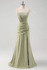 Load image into Gallery viewer, Sage Mermaid Spaghetti Straps Satin Bridesmaid Dress with Slit