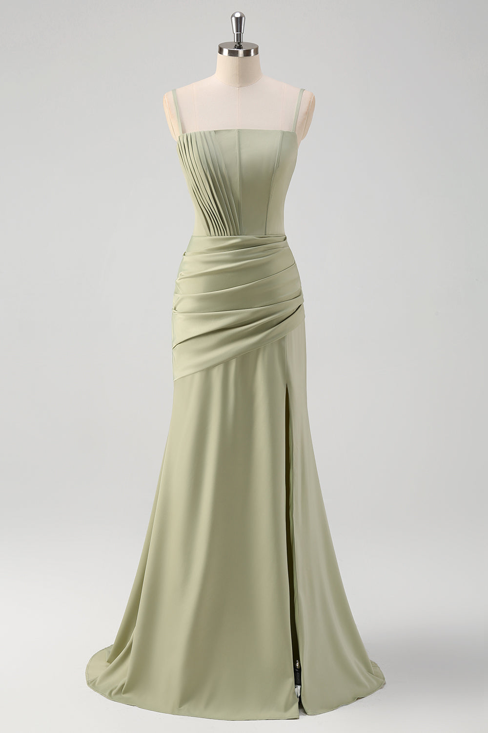 Sage Mermaid Spaghetti Straps Satin Bridesmaid Dress with Slit