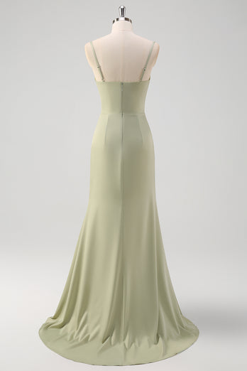 Sage Mermaid Spaghetti Straps Satin Bridesmaid Dress with Slit