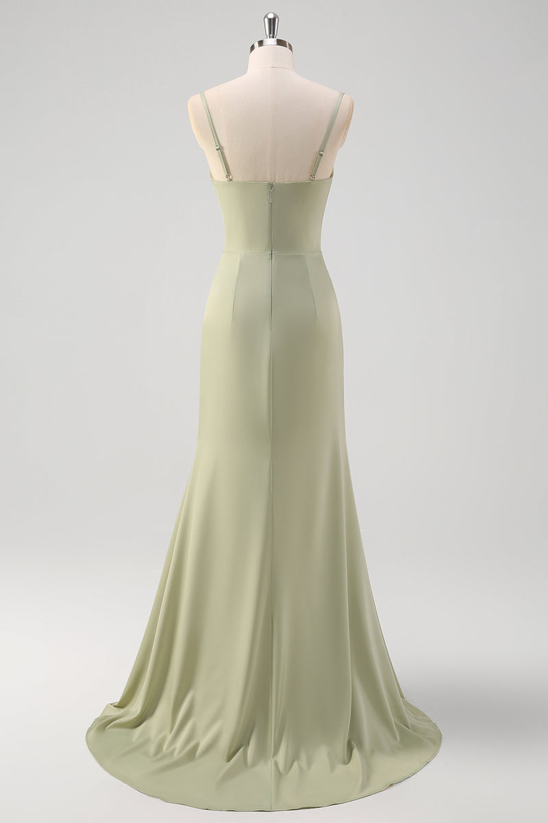 Load image into Gallery viewer, Sage Mermaid Spaghetti Straps Satin Bridesmaid Dress with Slit