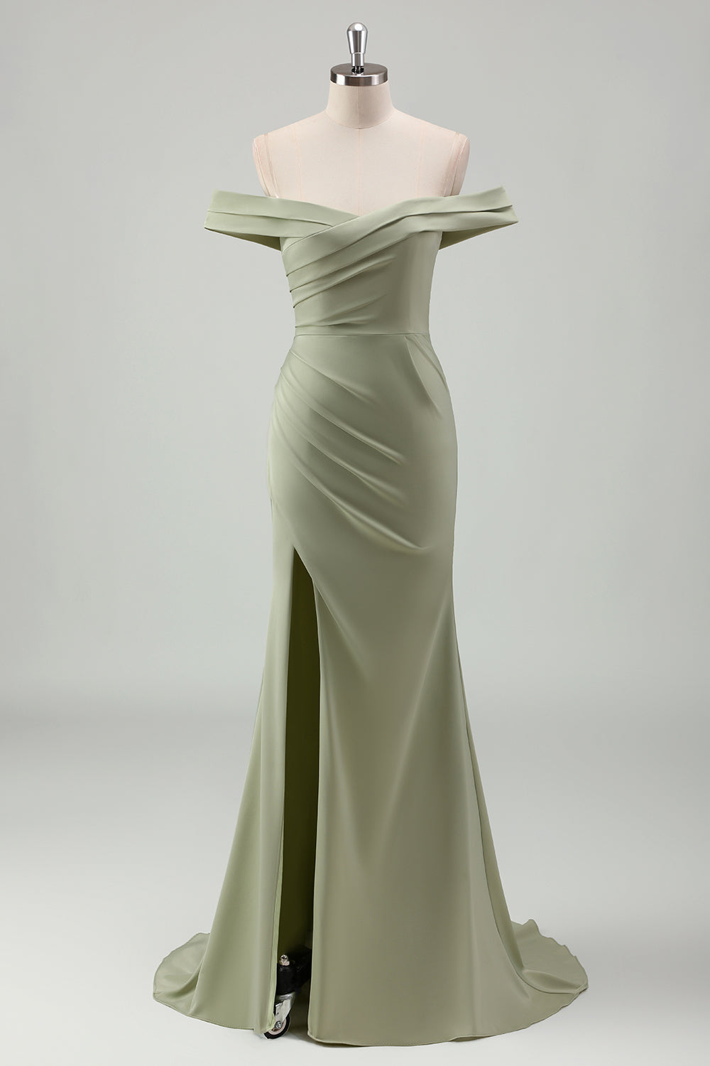 Sage Mermaid Off The Shoulder Long Bridesmaid Dress with Slit