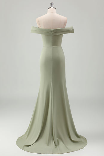 Sage Mermaid Off The Shoulder Long Bridesmaid Dress with Slit