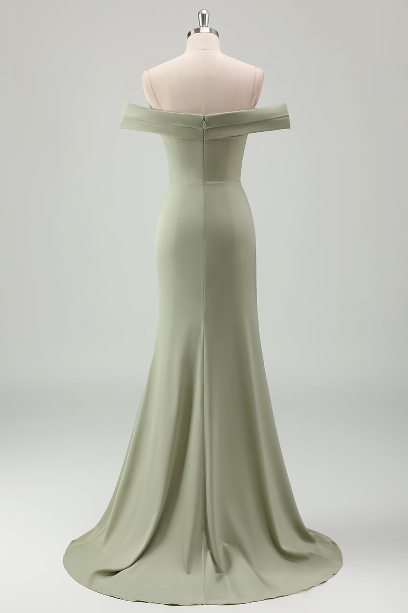 Load image into Gallery viewer, Sage Mermaid Off The Shoulder Long Bridesmaid Dress with Slit