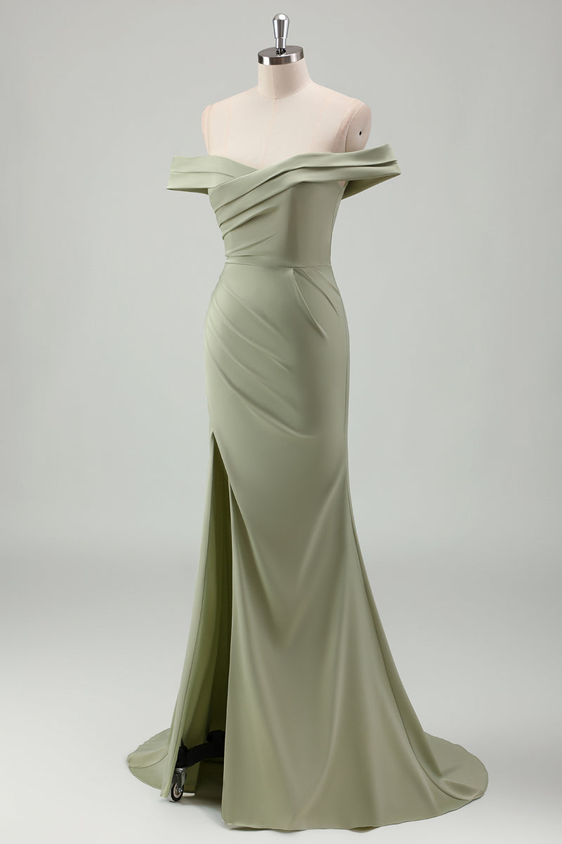 Load image into Gallery viewer, Sage Mermaid Off The Shoulder Long Bridesmaid Dress with Slit