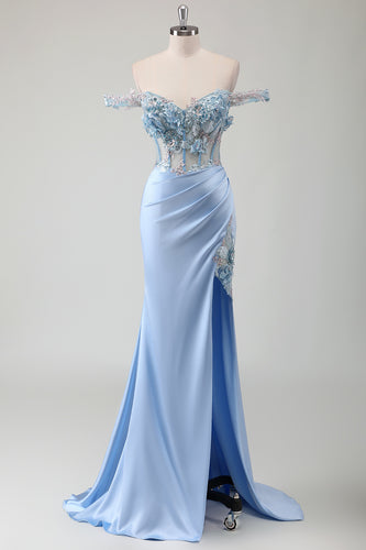 Floral Sky Blue Corset Mermaid Prom Dress with Appliques