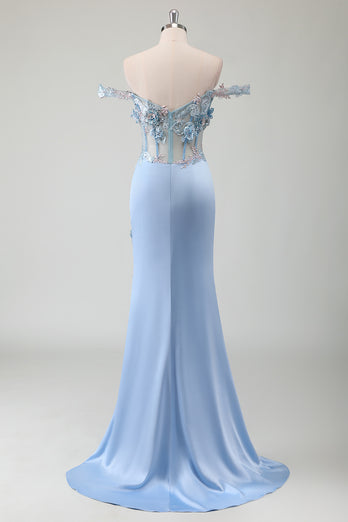 Floral Sky Blue Corset Mermaid Prom Dress with Appliques