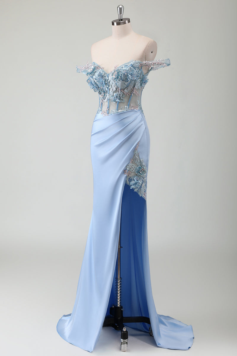 Load image into Gallery viewer, Floral Sky Blue Corset Mermaid Prom Dress with Appliques