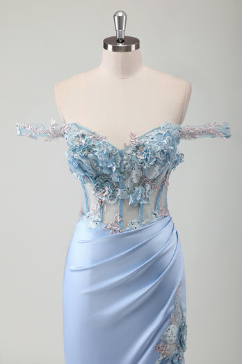 Floral Sky Blue Corset Mermaid Prom Dress with Appliques