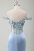 Load image into Gallery viewer, Floral Sky Blue Corset Mermaid Prom Dress with Appliques