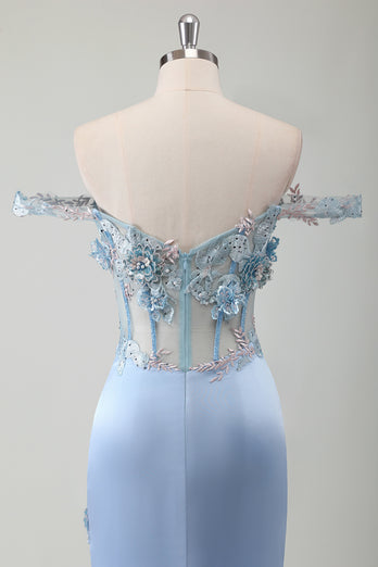 Floral Sky Blue Corset Mermaid Prom Dress with Appliques