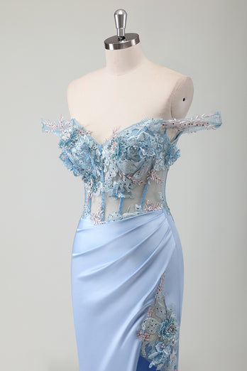 Floral Sky Blue Corset Mermaid Prom Dress with Appliques