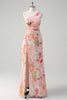 Load image into Gallery viewer, Peach Floral One Shoulder Embroidered Prom Dress with Slit