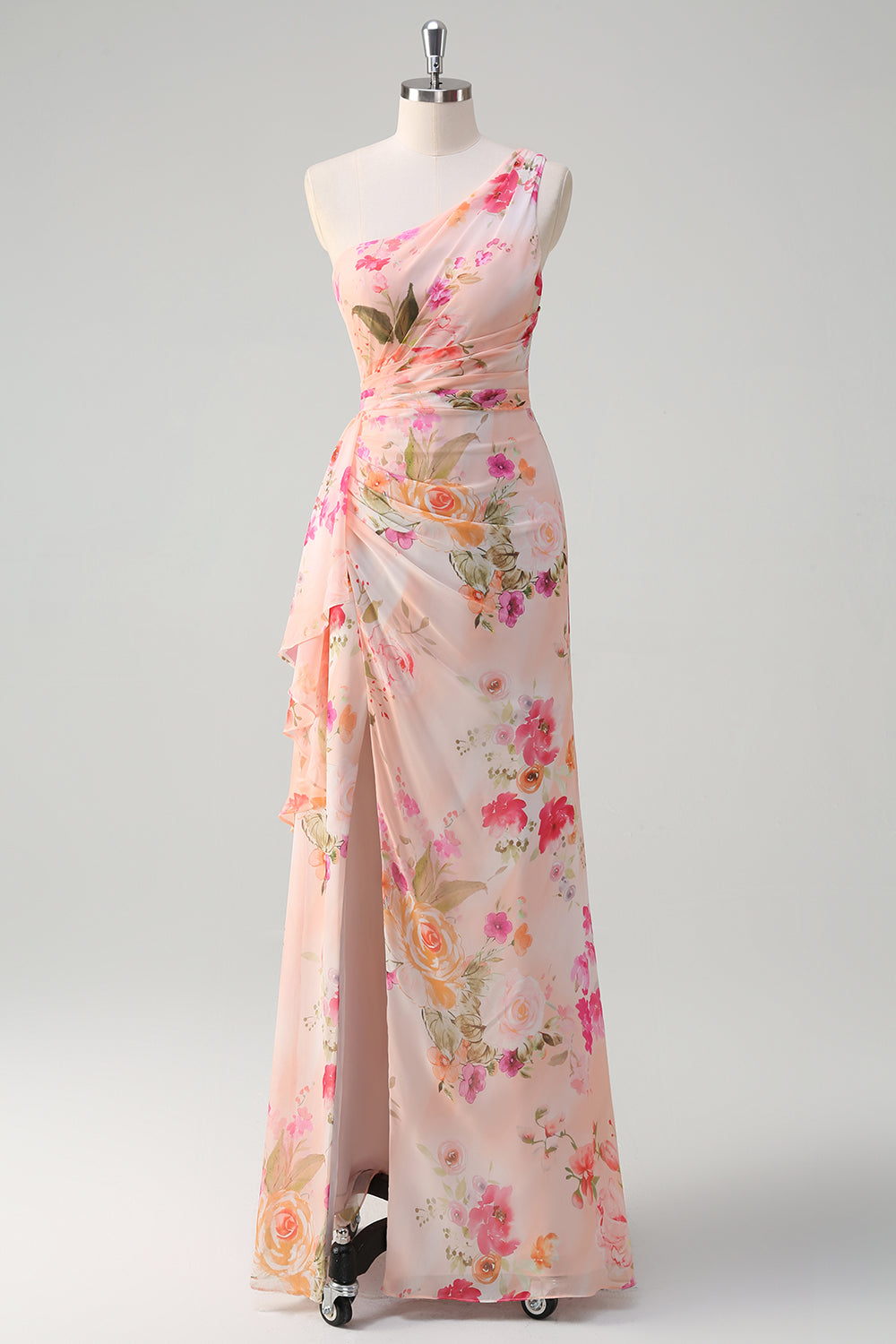 Peach Floral One Shoulder Embroidered Prom Dress with Slit