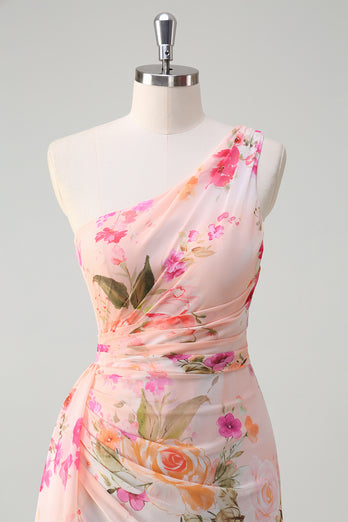 Peach Floral One Shoulder Embroidered Prom Dress with Slit