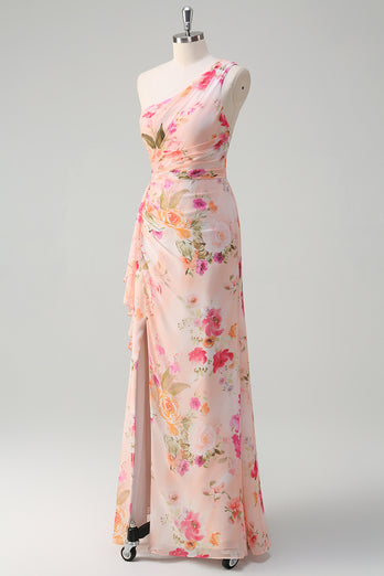 Peach Floral One Shoulder Embroidered Prom Dress with Slit