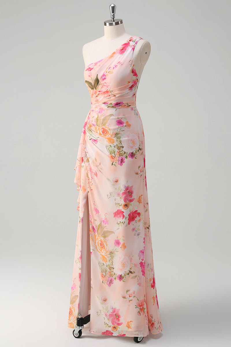 Load image into Gallery viewer, Peach Floral One Shoulder Embroidered Prom Dress with Slit