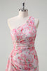 Load image into Gallery viewer, Floral Pink One Shoulder Embroidered Prom Dress with Ruffles