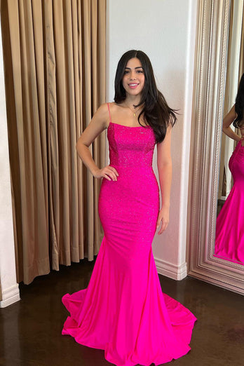 Fuchsia Mermaid Spaghetti Straps Long Prom Dress With Beading