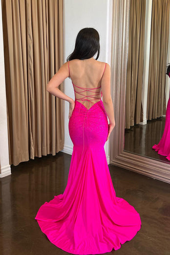 Fuchsia Mermaid Spaghetti Straps Long Prom Dress With Beading