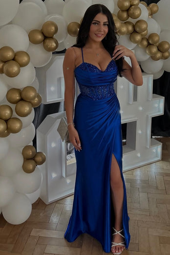 Royal Blue Mermaid Spaghetti Straps Corset Beaded Prom Dress With Slit