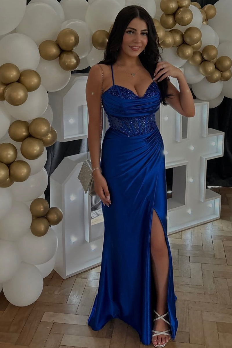 Load image into Gallery viewer, Royal Blue Mermaid Spaghetti Straps Corset Beaded Prom Dress With Slit