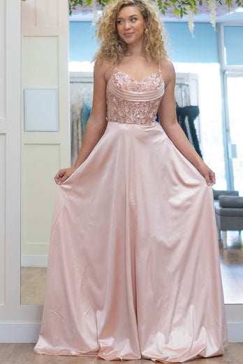 A Line Pink Spaghetti Straps Corset Prom Dress With Appliques