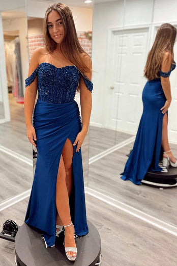 Navy Mermaid Off The Shoulder Prom Dress With Beading