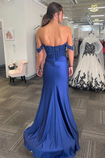 Navy Mermaid Off The Shoulder Prom Dress With Beading