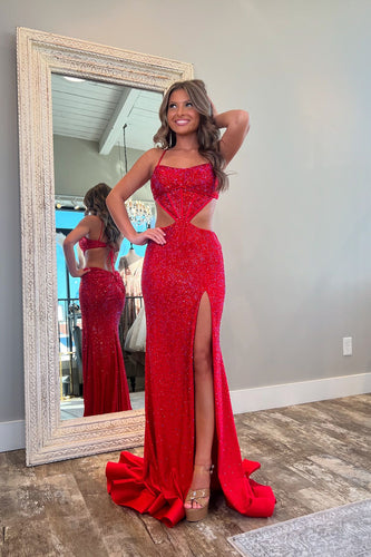 Red Mermaid Spaghetti Straps Cutout Prom Dress With Beading