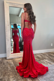 Red Mermaid Spaghetti Straps Cutout Prom Dress With Beading