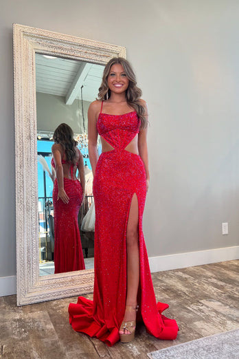 Red Mermaid Spaghetti Straps Cutout Prom Dress With Beading