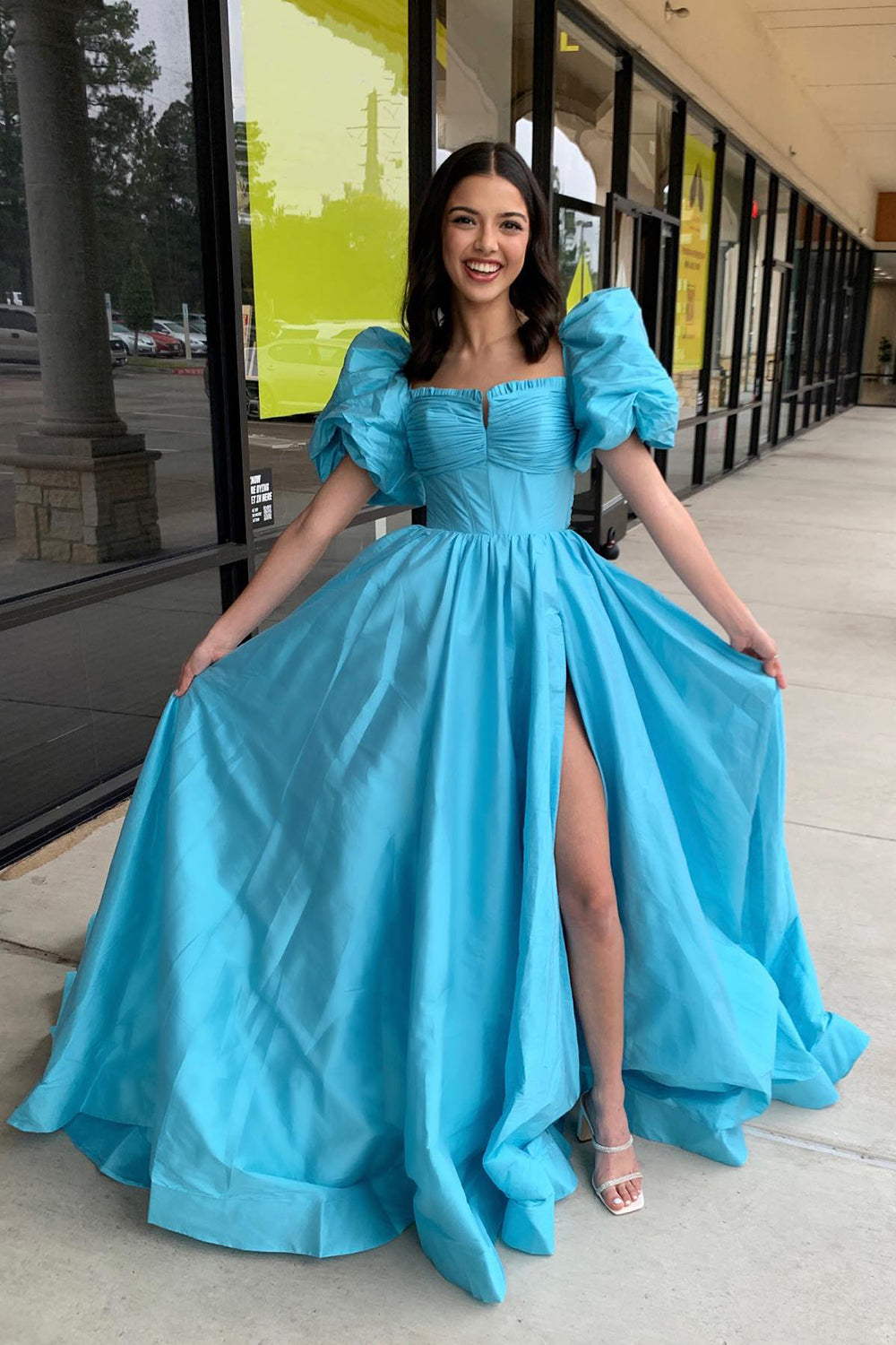 Blue A Line Square Prom Dress With Slit