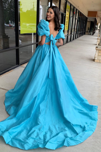 Blue A Line Square Prom Dress With Slit