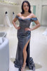 Load image into Gallery viewer, Grey Mermaid Off The Shoulder Slit Prom Dress With Beading