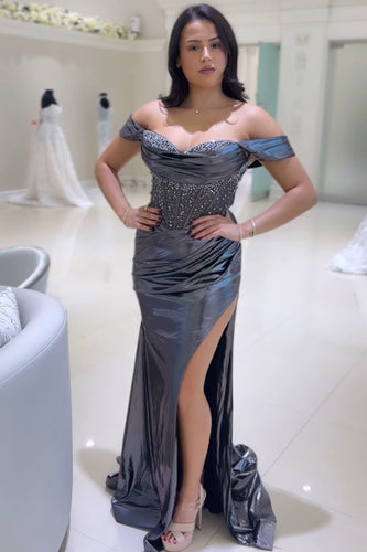 Grey Mermaid Off The Shoulder Slit Prom Dress With Beading