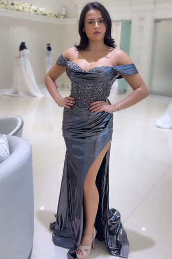 Grey Mermaid Off The Shoulder Slit Prom Dress With Beading