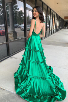 A Line Green Spaghetti Straps Backless Slit Prom Dress