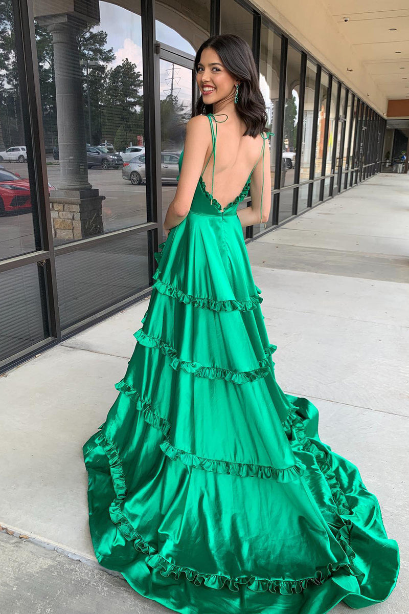 Load image into Gallery viewer, A Line Green Spaghetti Straps Backless Slit Prom Dress