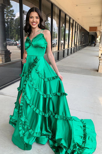 A Line Green Spaghetti Straps Backless Slit Prom Dress