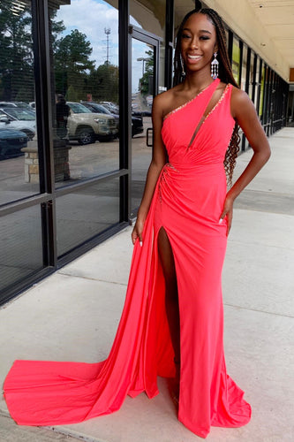 Coral Mermaid One Shoulder Slit Prom Dress With Beading