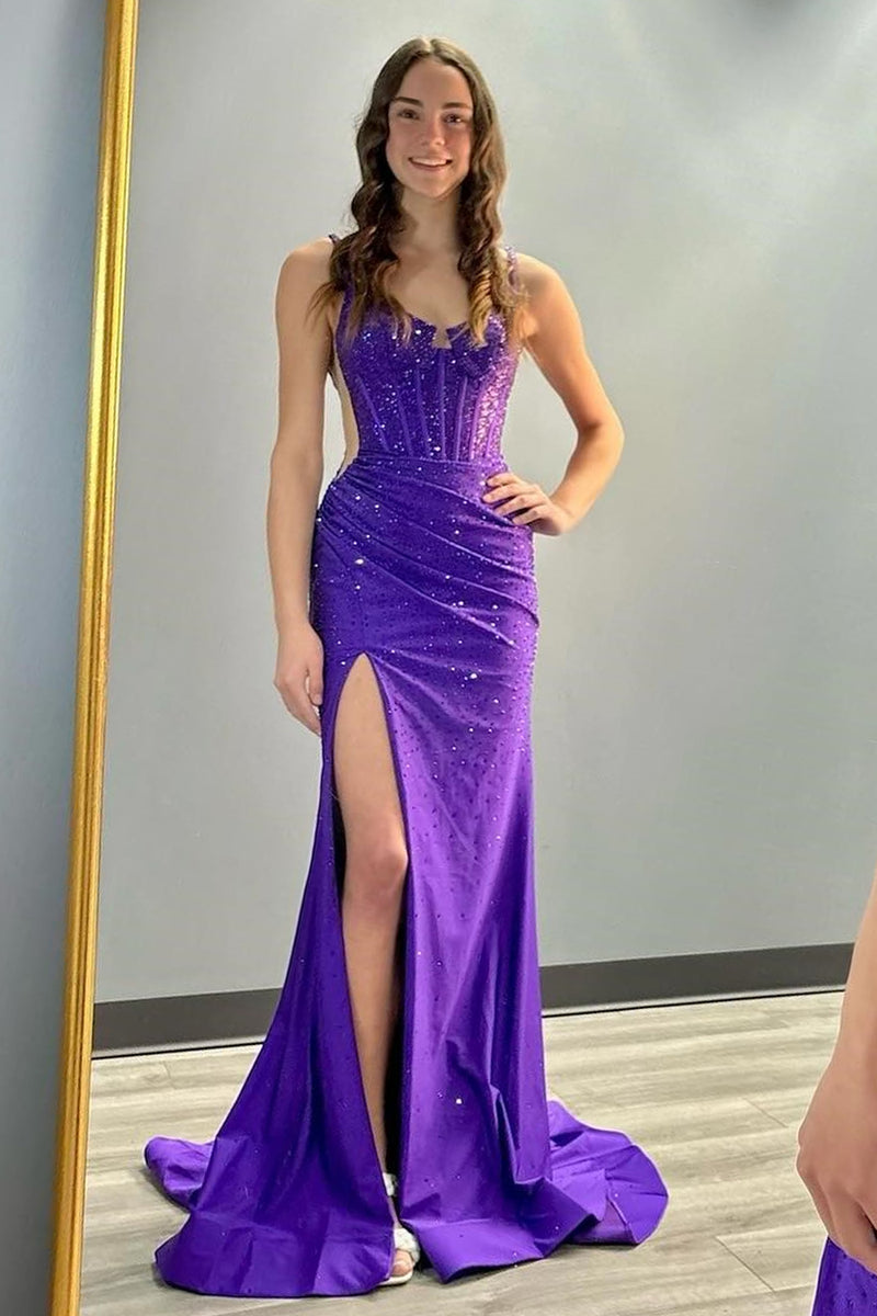 Load image into Gallery viewer, Violet Mermaid Spaghetti Straps Slit Prom Dress With Beading