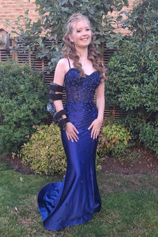 Navy Mermaid Spaghetti Straps Prom Dress With Flowers