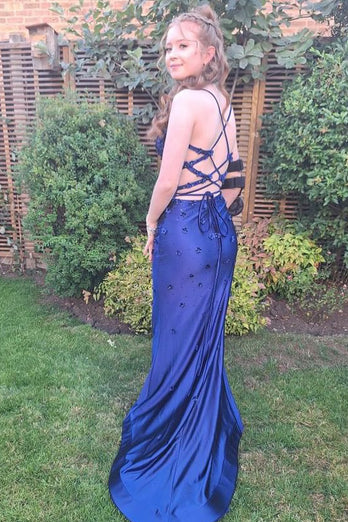 Navy Mermaid Spaghetti Straps Prom Dress With Flowers