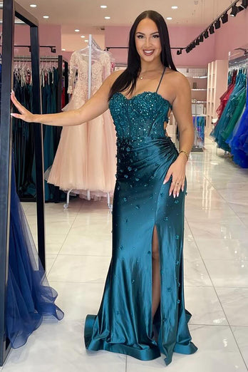 Navy Mermaid Spaghetti Straps Prom Dress With Flowers