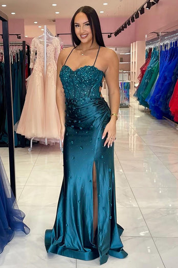 Navy Mermaid Spaghetti Straps Prom Dress With Flowers