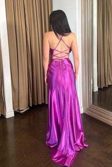 Purple Mermaid Spaghetti Straps Lace Up Prom Dress With Slit